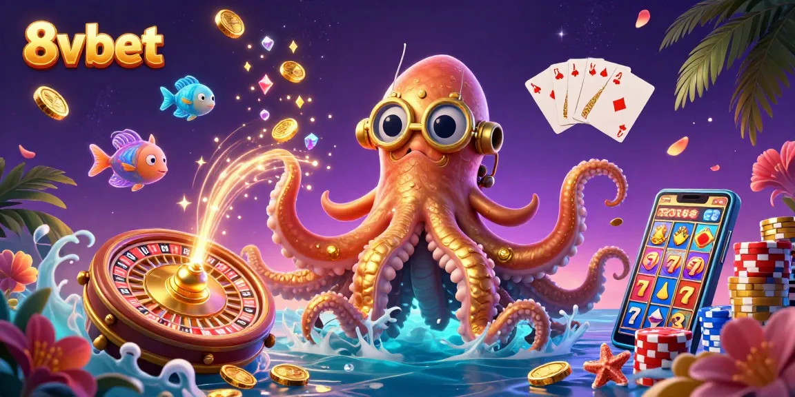 Spin and win at 8vbet with a dynamic scene featuring a kraken and treasure elements.