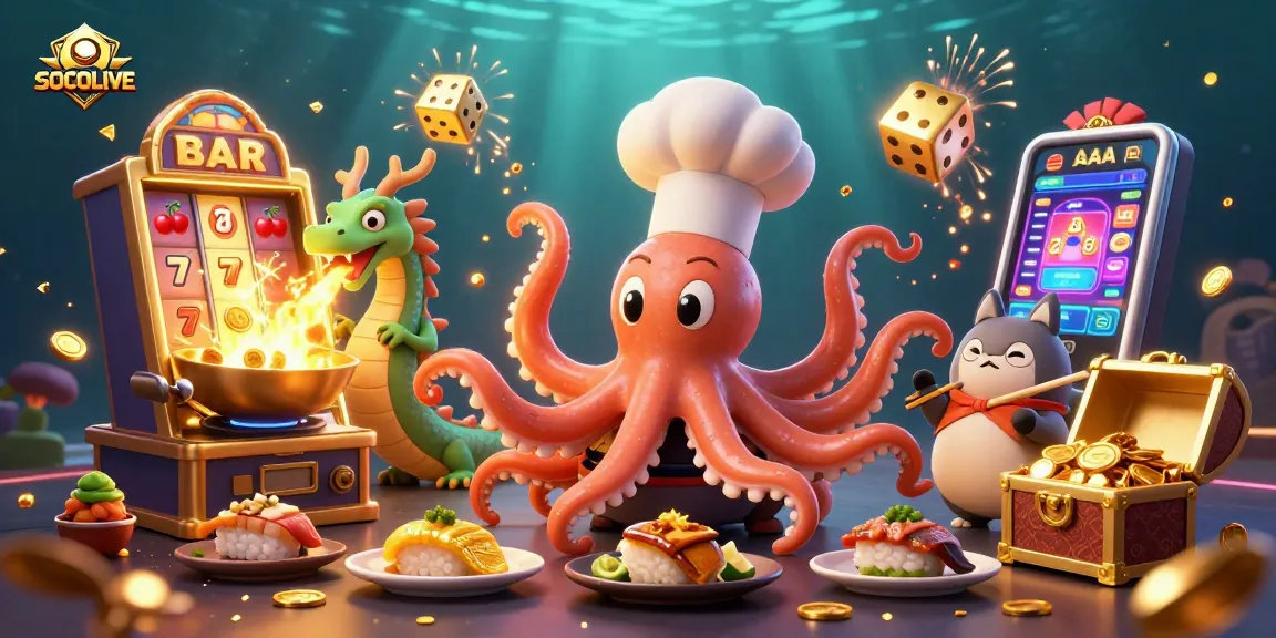 SOCOLIVE showcases a dynamic 3D illustration with an octopus chef and dragon in an exciting casino setting.